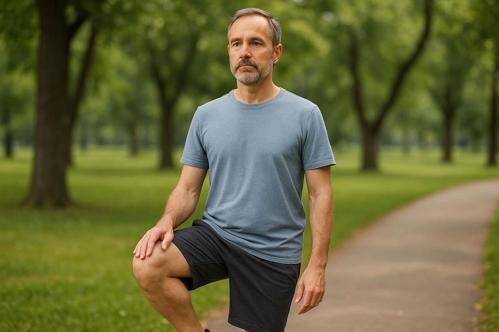 A man performs a one-legged balance test in a park, demonstrating functional longevity testing.