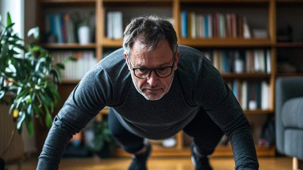 A middle-aged man in a gray long-sleeved shirt and black pants does pushups indoors. He is wearing black-rimmed glasses and has a determined expression on his face. Behind him is a bookshelf filled with books and a green plant.