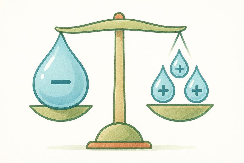 A balance scale with a large water droplet marked with a minus sign on the left, counterbalanced by three smaller water droplets marked with plus signs on the right, illustrating the hydration paradox.