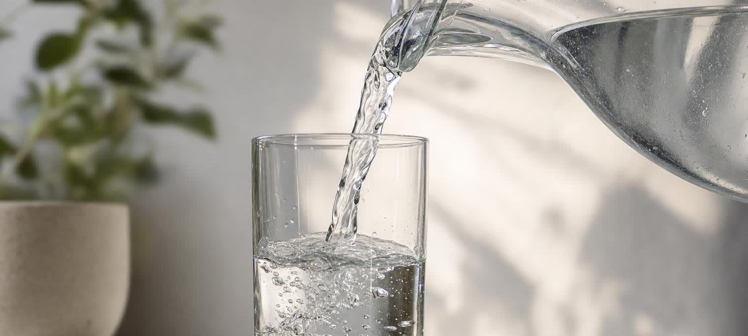 Clear water being poured from a glass pitcher into a tall, clear drinking glass, creating bubbles as it fills. A blurred houseplant is visible in the background on the left.