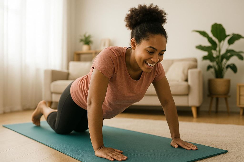 A smiling woman with dark curly hair in a high bun performs a knee push-up on a teal yoga mat in a comfortable living room setting. She is wearing a peach-colored t-shirt and black workout capris, demonstrating a modified push-up for beginners.