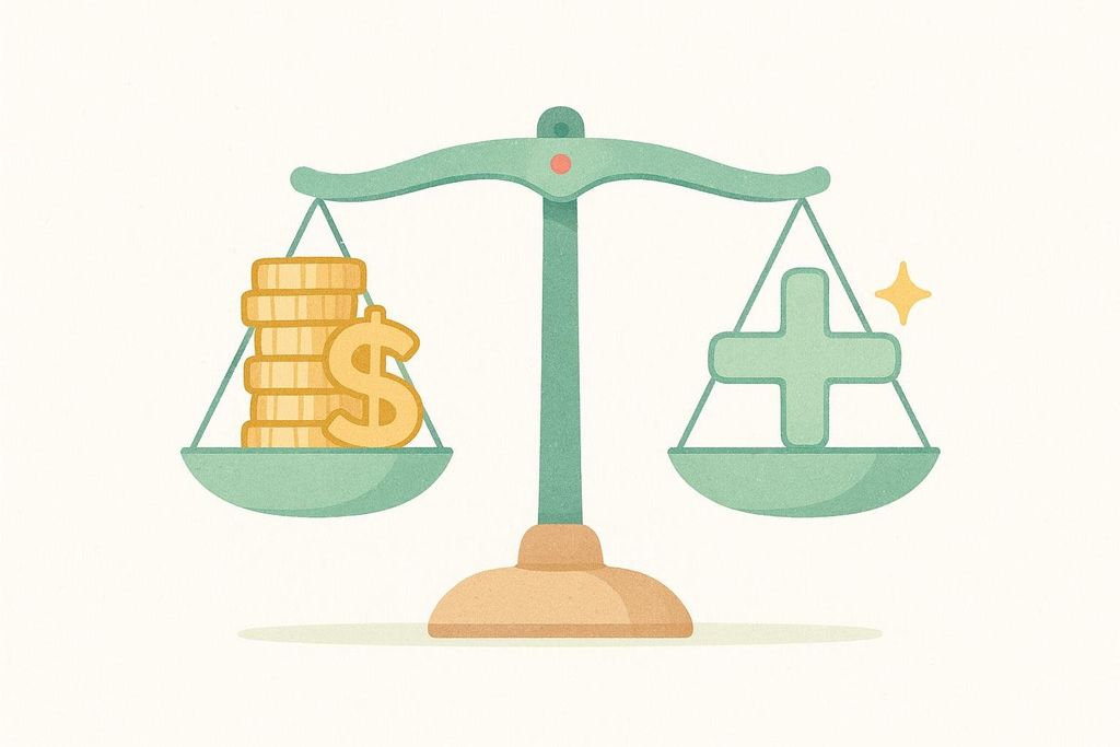 Illustration of a balance scale with stacked coins on one side and a large green plus sign on the other, representing the weighing of monetary cost against benefits.