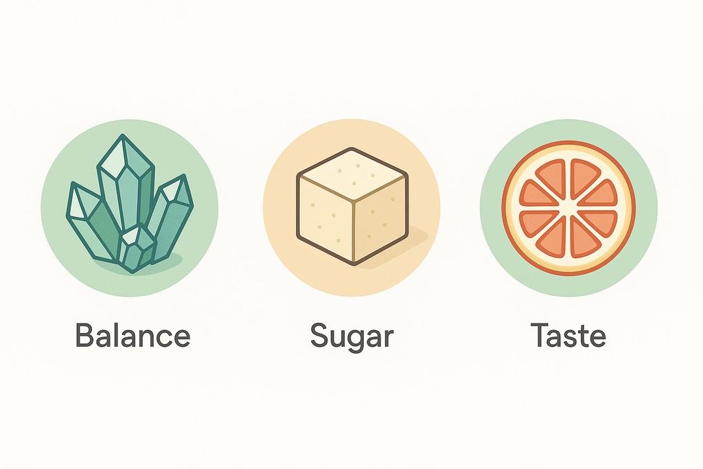Three circular icons with text labels below: the first shows green crystalline shapes with 'Balance' below, the second shows a brown sugar cube with 'Sugar' below, and the third shows an orange slice with 'Taste' below. These represent electrolyte balance, sugar content, and flavor.