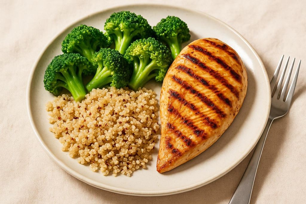 A close-up shot of a plate containing a grilled chicken breast with visible char marks, a serving of fluffy quinoa, and several florets of vibrant green broccoli, resting on a light-colored surface with a fork visible to the right.