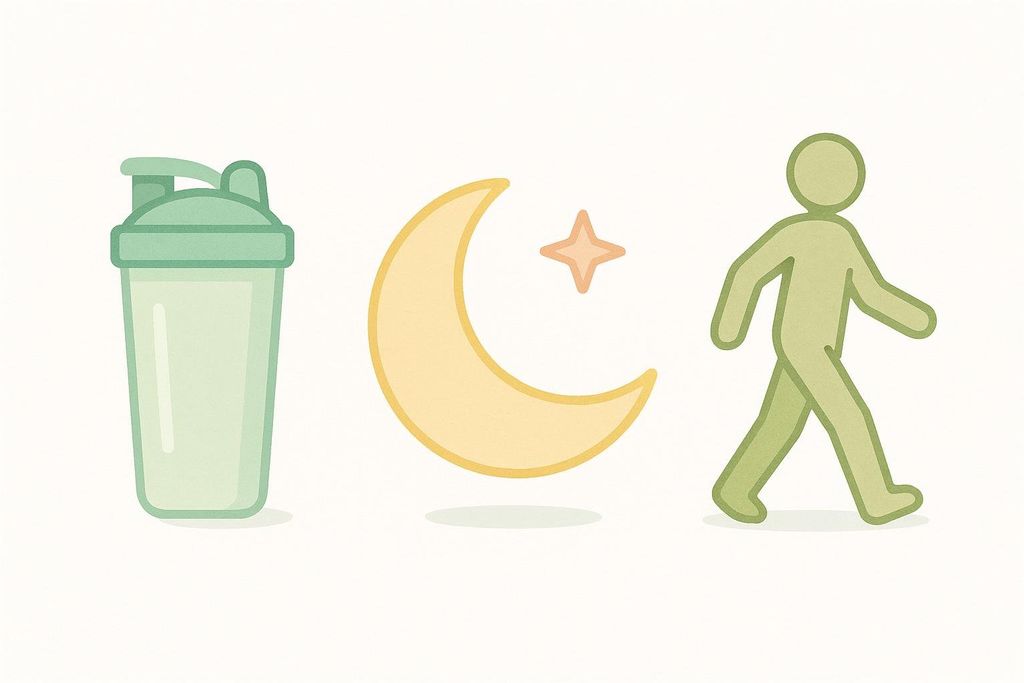 Three icons representing post-workout recovery: a green protein shaker bottle, a yellow crescent moon with a star for sleep, and a green walking figure for active recovery.