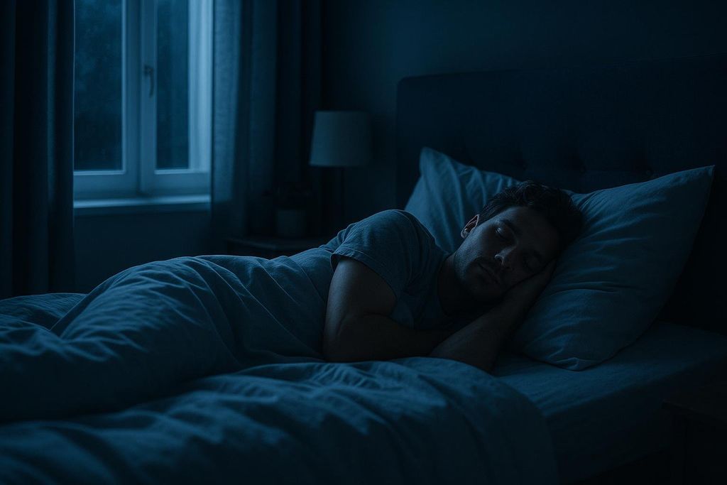 A man is sleeping peacefully in a dark room. The soft blue light seeping through the window suggests it's either early morning or late evening, creating a serene and calm atmosphere.