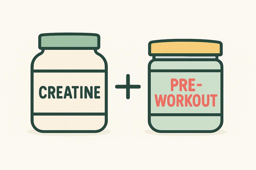 An illustration showing a white container labeled 'CREATINE' next to a green container labeled 'PRE-WORKOUT' with a plus sign in between them, indicating the supplements can be combined or 'stacked'.