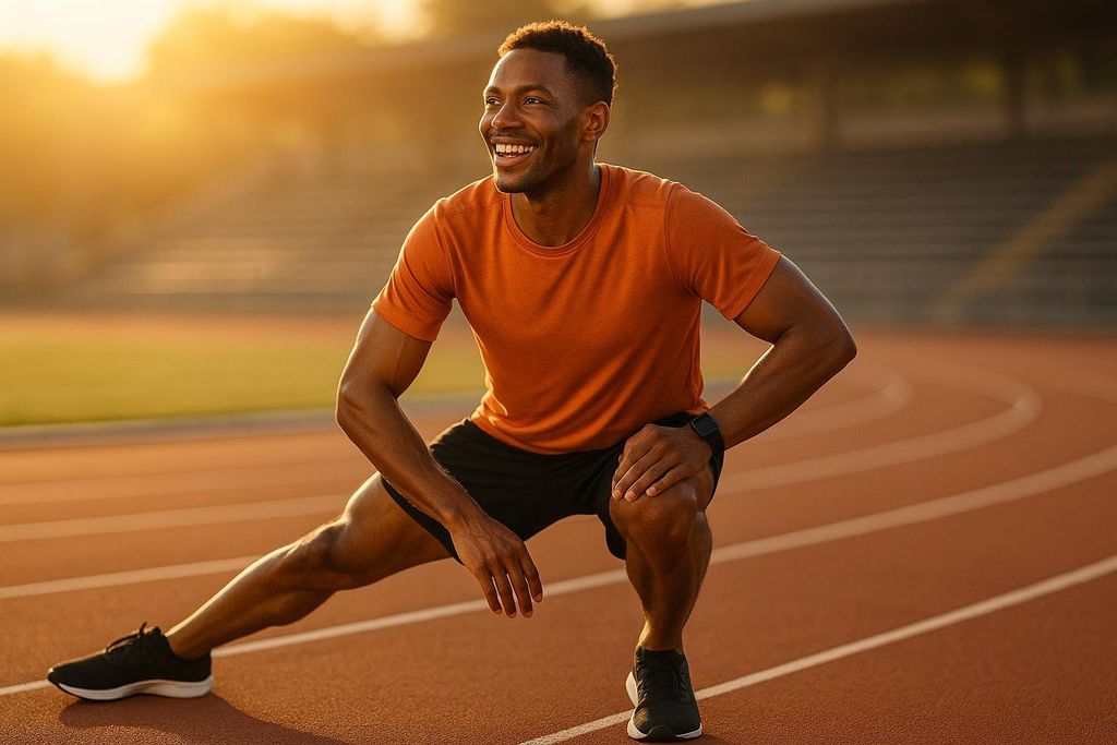An athlete with a dark skin tone warming up with a deep leg stretch on a running track. He is wearing an orange t-shirt and black shorts, smiling and looking to the side with the sun setting behind him.