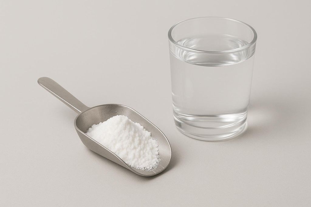 A metal scoop filled with white creatine powder rests beside a clear glass of water on a light grey background.