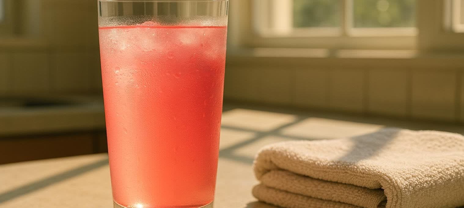 A refreshing clear pink protein drink in a tall glass with condensation, placed next to a neatly folded beige gym towel. Sunlight streams through a window in the background.