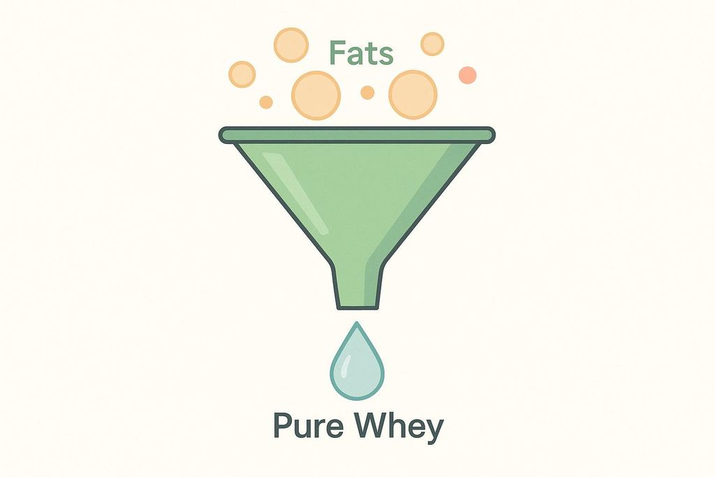 An illustration showing a green funnel with circular orange 'Fats' labeled at the top, and a light blue liquid droplet labeled 'Pure Whey' coming out of the bottom, representing the separation process.