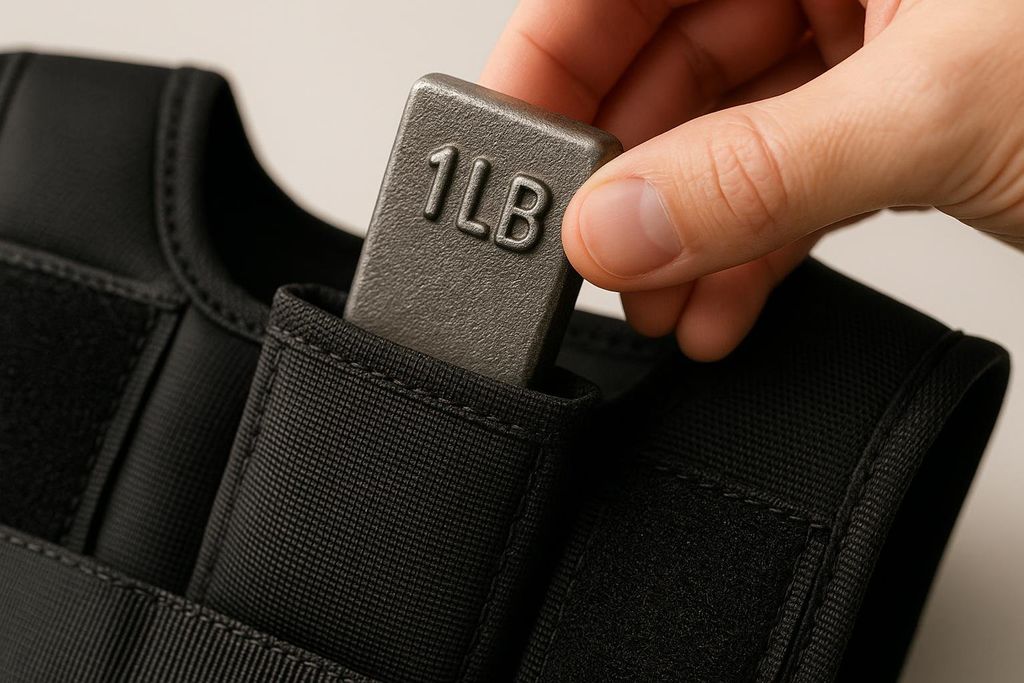 A close-up image of a hand inserting a 1lb weight bar into a fabric pouch of a black weighted vest, illustrating its adjustable micro-loading feature.