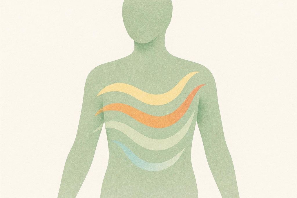 An abstract illustration of a human torso in light green, with four horizontal wavy bands of yellow, orange, light green, and light blue across the chest and stomach area, suggesting internal energy or balance.