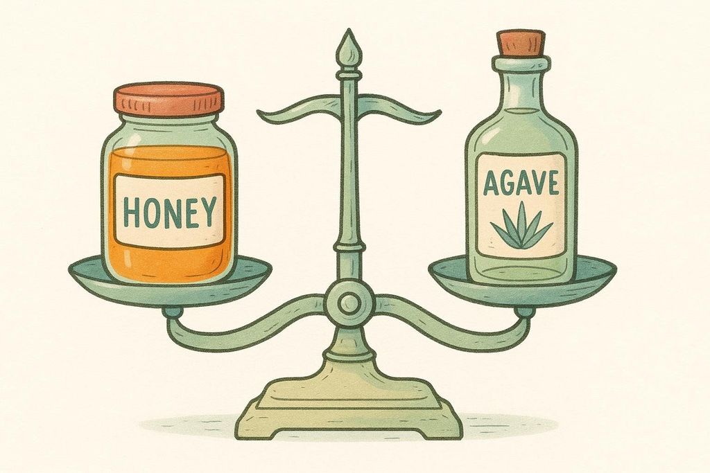 An illustration of a green balance scale with a jar labeled 'HONEY' on the left side and a bottle labeled 'AGAVE' on the right side. The scale is perfectly balanced.