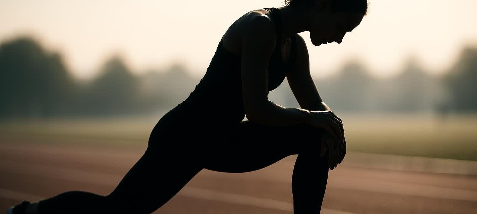 A silhouetted female runner in activewear is seen from the side, stretching her legs in a lunge position on an outdoor track with a soft, blurred background.