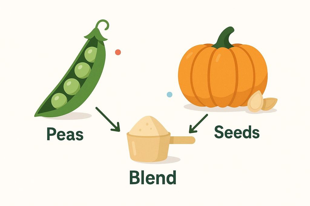 Diagram showing an image of a pea pod with peas, a pumpkin with pumpkin seeds, and a scoop of powdered protein, indicating that peas and pumpkin seeds blend to create a plant-based protein.