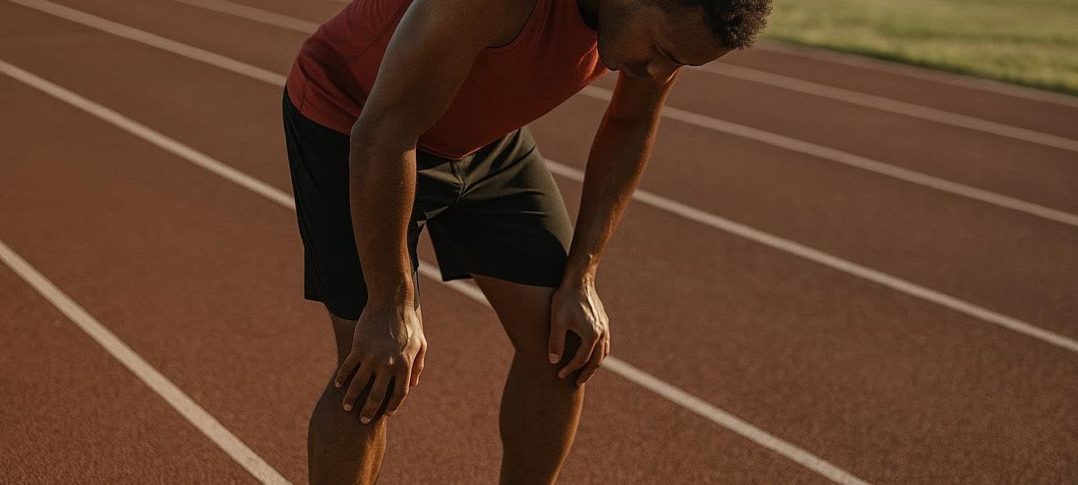 An athlete wearing a red tank top and black shorts leans forward with hands on knees, resting on a brown outdoor running track with white lane markers.