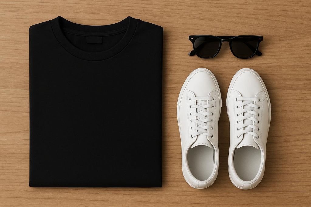 A flat lay showcasing a minimalist outfit: a neatly folded black t-shirt, white sneakers, and black sunglasses, all arranged on a light wood surface.