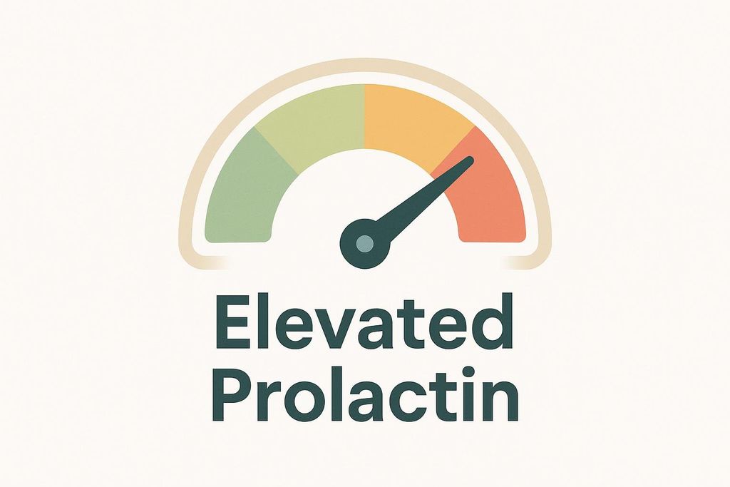 An illustration of a gauge with a needle pointing to the highest, red section, indicating 'Elevated Prolactin' levels. The gauge features sections in green (normal), yellow (moderate), and red (high) ranges.