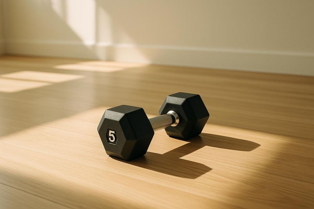 A single black hexagonal dumbbell with the number '5' inscribed on its side, resting on a light wooden floor. Sunlight casts long shadows on the floor.