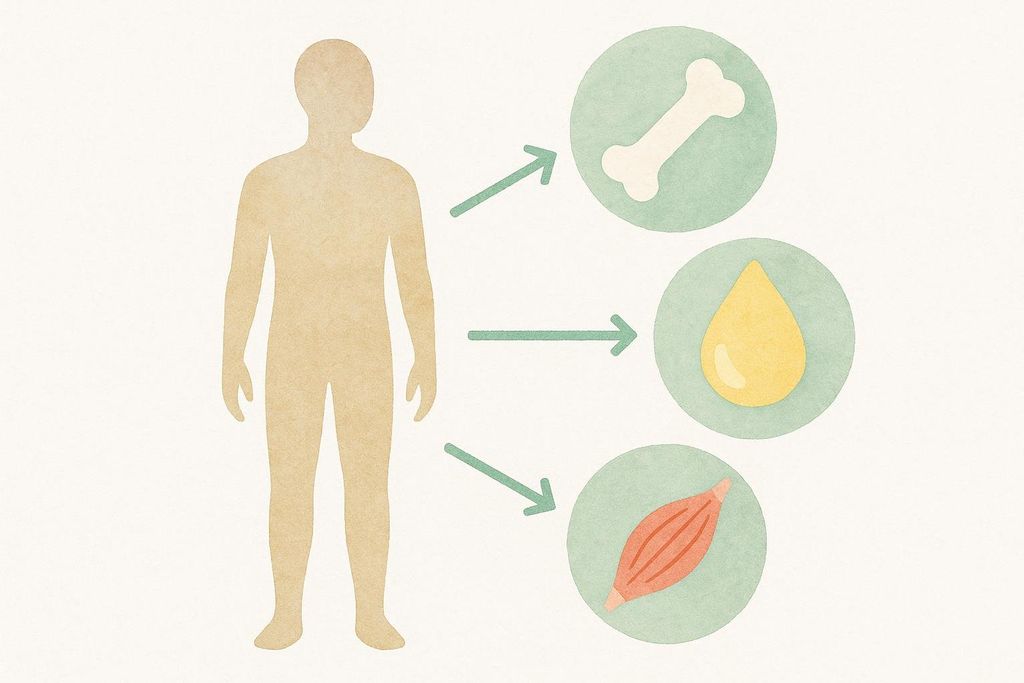 An abstract illustration showing how a human body is broken down into its key components: bone, fat (represented by a yellow droplet), and muscle.