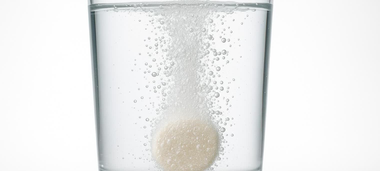 A close-up shot of an electrolyte tablet fizzing vigorously in a clear glass of water, with numerous bubbles rising to the surface.