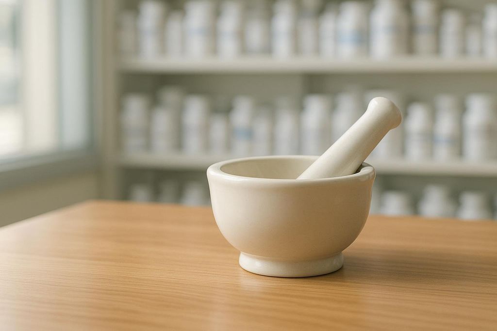A cream-colored mortar and pestle sits on a wooden table, with the pestle resting inside the mortar. In the background, out of focus, a shelf lined with white bottles is visible.
