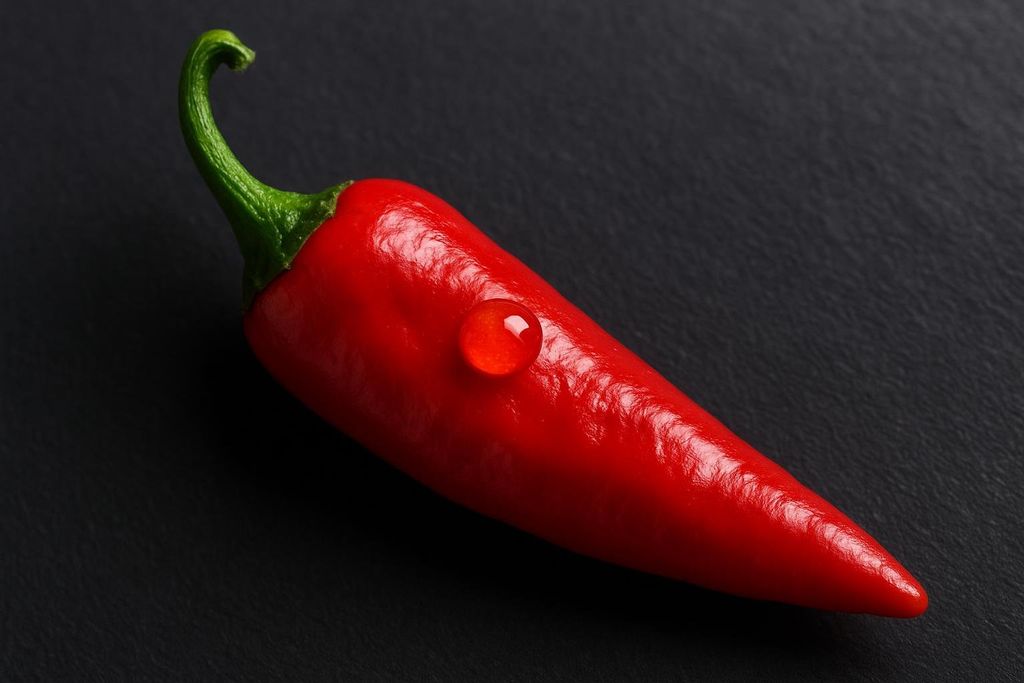 A vibrant red chili pepper with a single, clear water droplet on its surface, set against a dark, textured background.