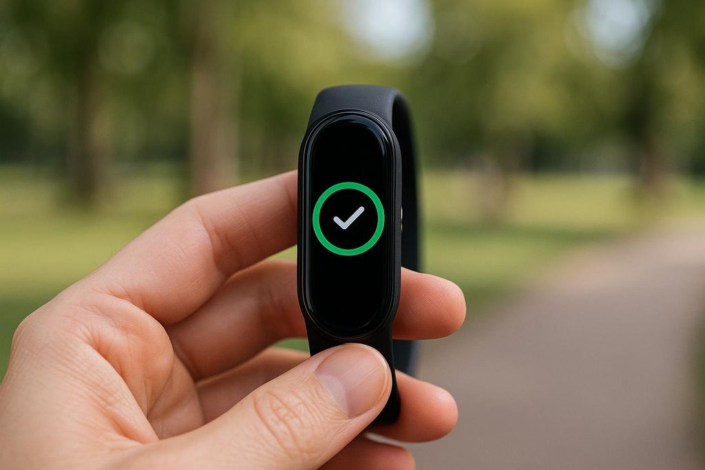 A hand holds a black fitness tracker displaying a green circle with a white checkmark, indicating a completed goal. The background is a blurred outdoor scene.