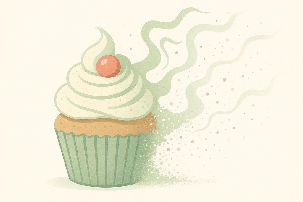 An illustration of a cupcake with white frosting and a red cherry on top, dissolving into green wavy smoke and small specks, against a plain background.