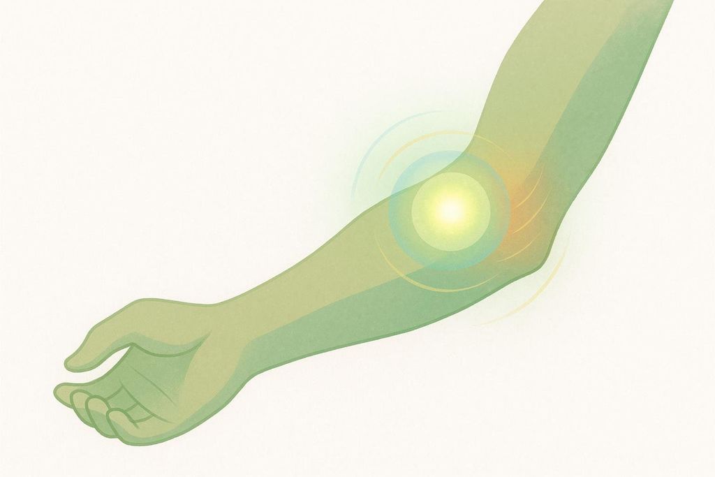 An illustration of a human arm with a glowing yellow and blue circle indicating pain or swelling on the lateral epicondyle, located on the outside of the elbow.