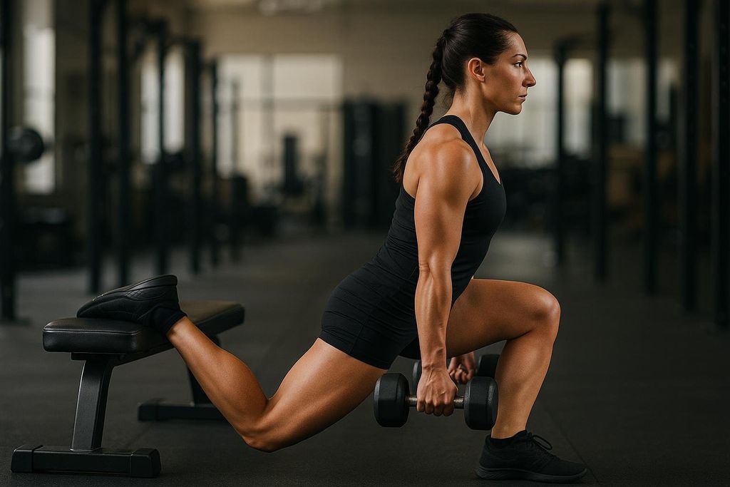 A fit woman in black activewear performs a Bulgarian split squat with dumbbells in a gym. Her back foot is elevated on a black bench, and she holds a dumbbell in each hand. Her muscles are visible due to the exercise.