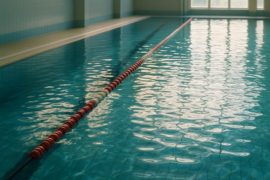 A calm indoor swimming pool with clear turquoise water and a red and white lane divider floating on the surface. Sunlight reflects on the water from windows in the background.