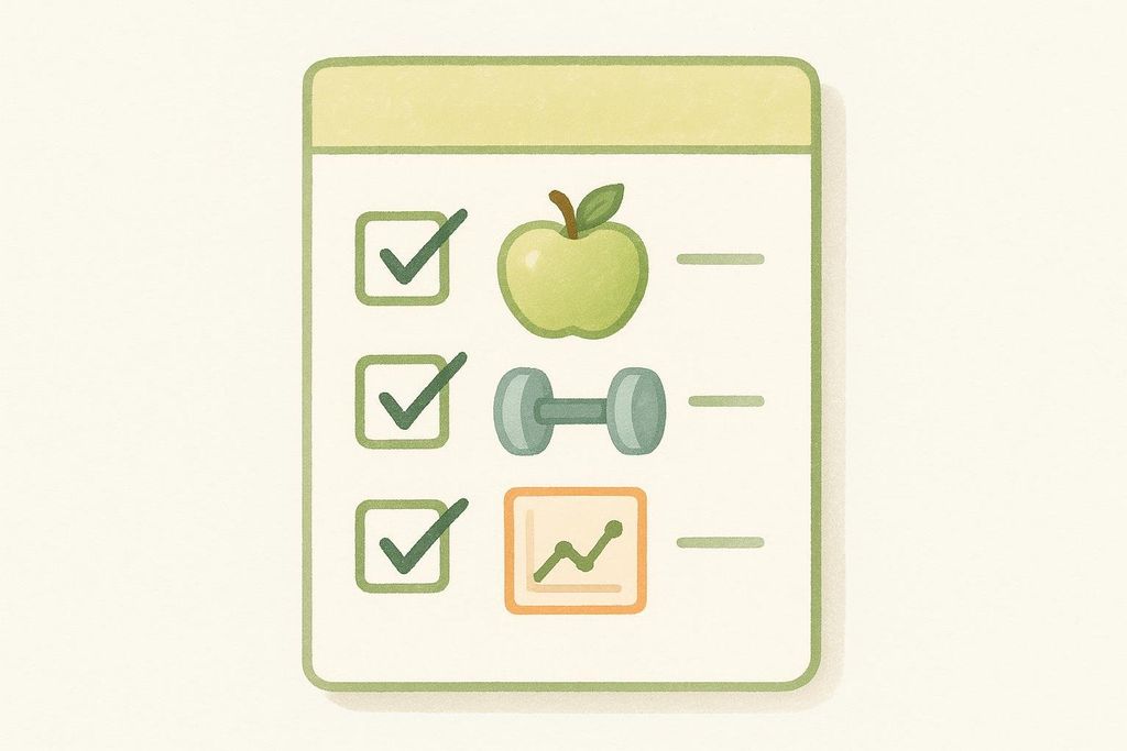 Illustration of a checklist for diet, resistance, and data.