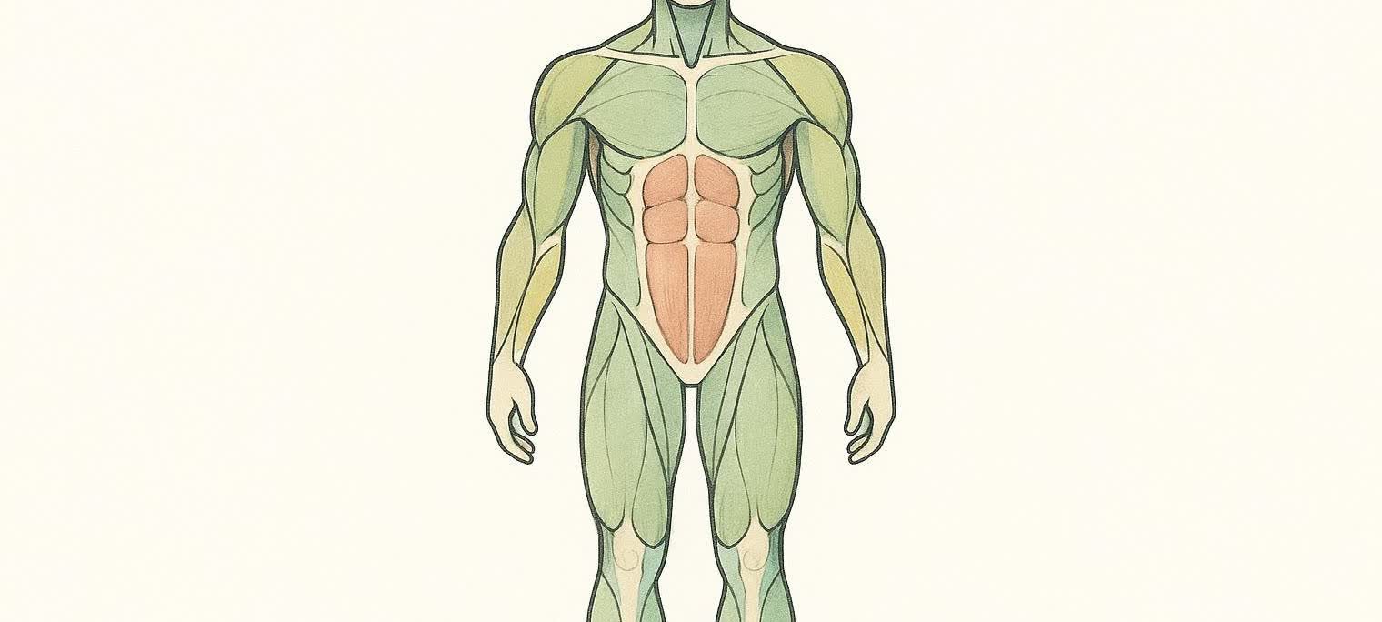 Anatomical illustration of the major muscle groups on the front of the human body, presented in a clean, modern style.