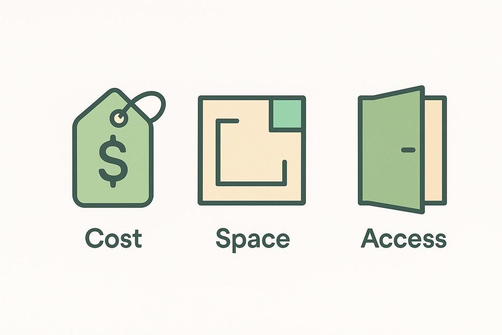 Three icons representing Cost, Space, and Access. The Cost icon is a green price tag with a dollar sign. The Space icon is a beige square with a green corner. The Access icon is an open green door.