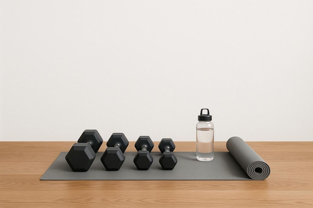 Three sets of black hex dumbbells and a water bottle are arranged on a grey workout mat next to a rolled-up mat on a wooden floor.