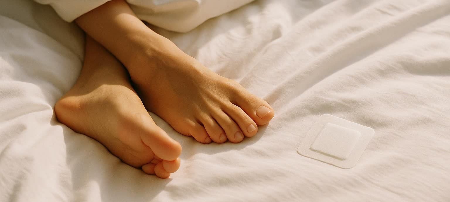 A close-up view of bare feet resting on a white bedsheet next to a pristine, white detox foot pad.