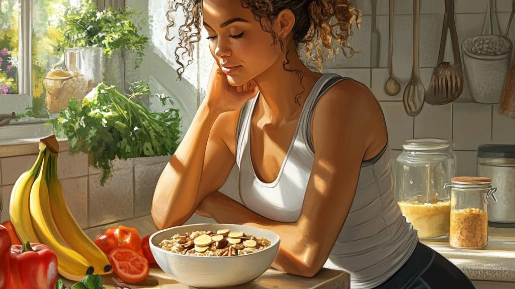A woman sits at a countertop with a bowl of oatmeal, bananas, and bell peppers. She has curly brown hair and is wearing a white tank top and black leggings. Sunlight streams in from a window in the background.