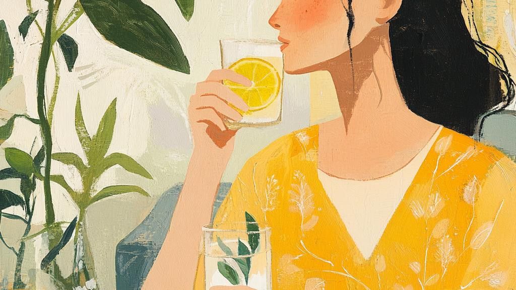 A stylized painting of a woman in a yellow top with a floral pattern, drinking a glass of water with a lemon slice. There are green plants in the foreground.