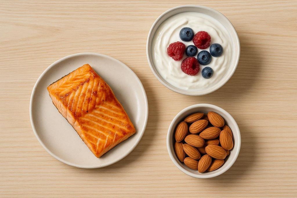 A flat lay of high-protein foods including a cooked salmon fillet on a plate, a bowl of yogurt topped with raspberries and blueberries, and a bowl of almonds, all on a light wooden surface.