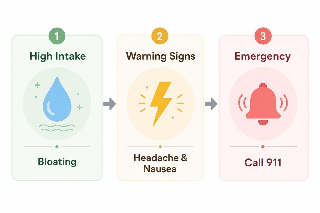 A three-stage infographic illustrating the progression from high water intake (bloating) to warning signs (headache and nausea) and finally to a medical emergency (call 911), depicted with corresponding icons.
