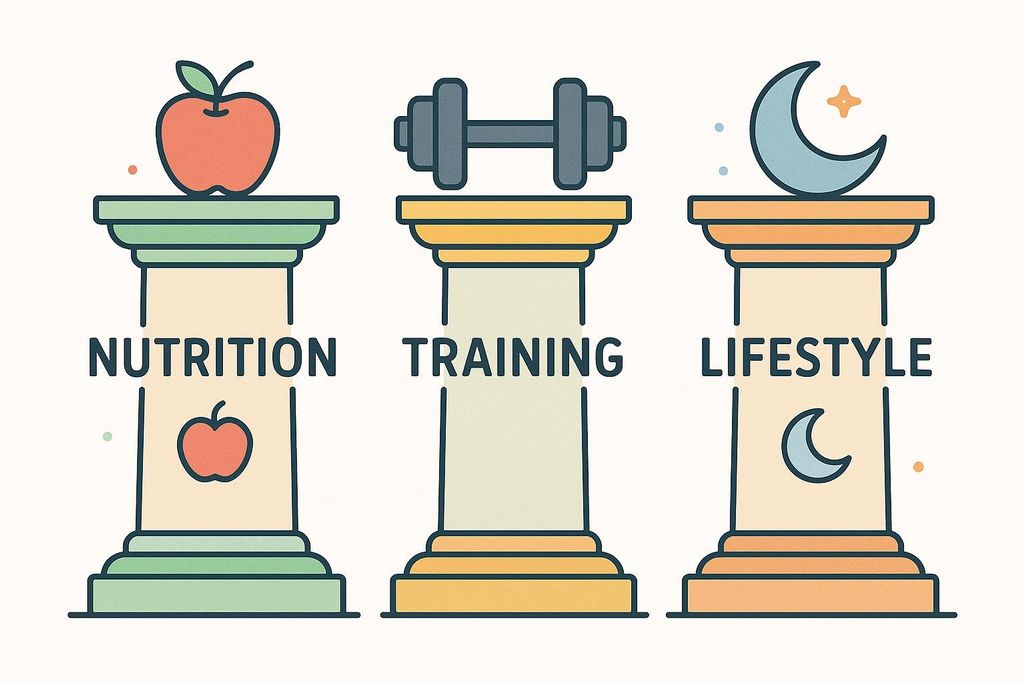 Illustration of three colorful pillars labeled Nutrition, Training, and Lifestyle, each topped with a corresponding icon: an apple, a dumbbell, and a moon.