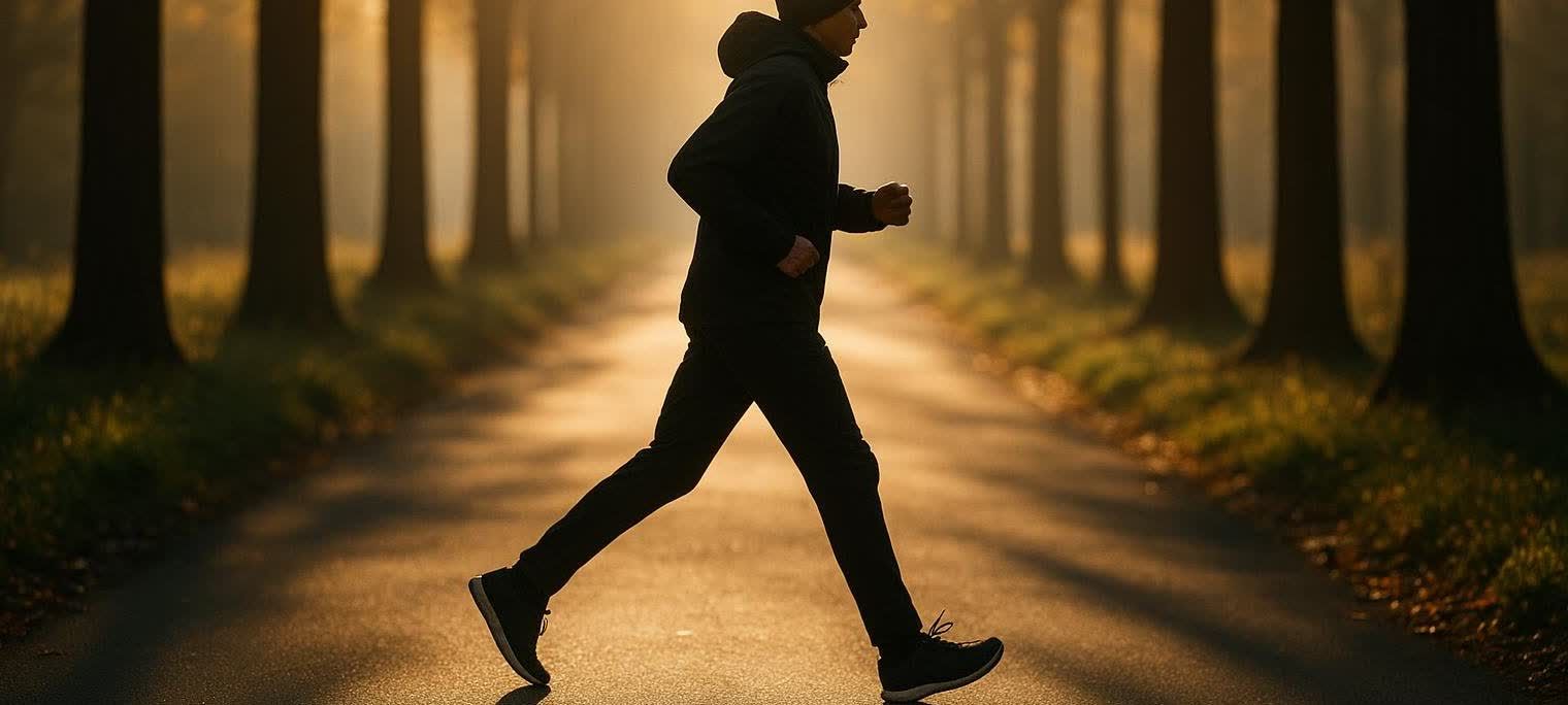 A person walking briskly on a sunlit path, representing the Japanese walking method.