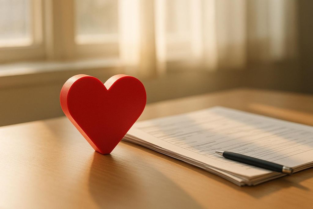 A red heart-shaped icon rests on a wooden desk next to a stack of papers and a pen, symbolizing cardiovascular indications for health coverage or life insurance.