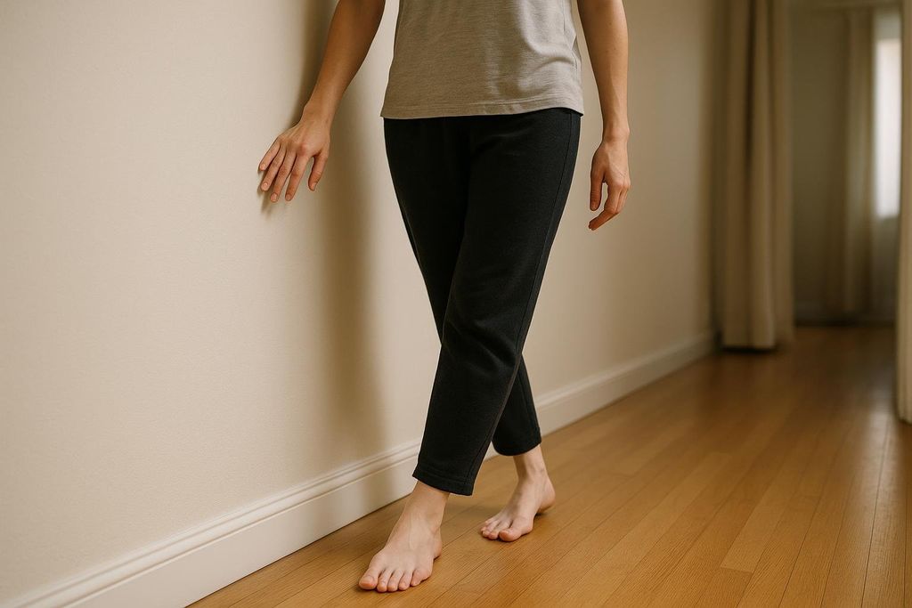 A person carefully performs a heel-to-toe walk next to a wall for support, as part of a balance improvement routine. Their bare feet are visible on the wooden floor.