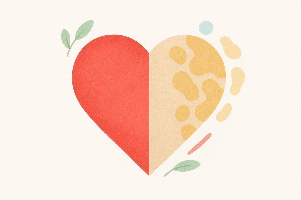 Stylized heart icon illustrating the contrast between a healthy state and a state at risk due to body fat.
