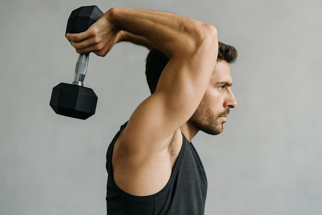 Side profile of a man with dark hair and a beard, wearing a dark grey tank top, performing an overhead triceps extension exercise with a black dumbbell in his right hand. His arm is bent behind his head, demonstrating the exercise against a plain grey background.