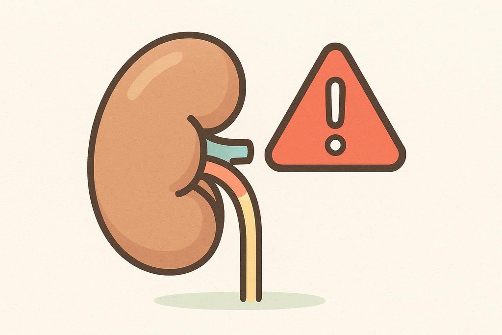 An illustration of a kidney with a red triangular warning sign next to it, indicating that individuals with kidney disease should exercise caution when using Epsom salt.