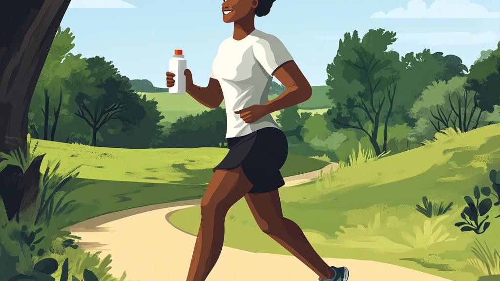 An illustration of a woman running on a path in a park while holding a water bottle.